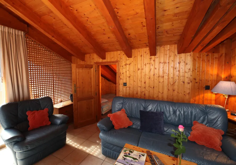 Salon exposé plein sud à gauche le balcon, au centre au fond alcôve 2 lits avec porte et fenêtre intérieure sur  le solarium