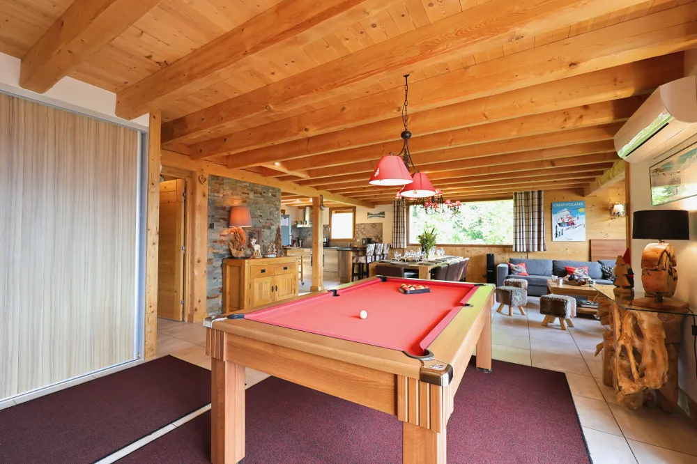 Séjour, salon, salle à manger, cuisine et billard