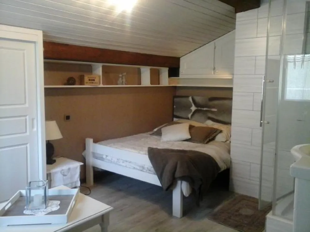 chambre 1 : 1 lit 2 places, douche, lavabo et WC indépendant et vue sur la chaîne des Aravis et le Col des Aravis ainsi que le massif de l'Etale. Cette chambre est indépendante et peut ou pas se louer en même temps que l'appartement