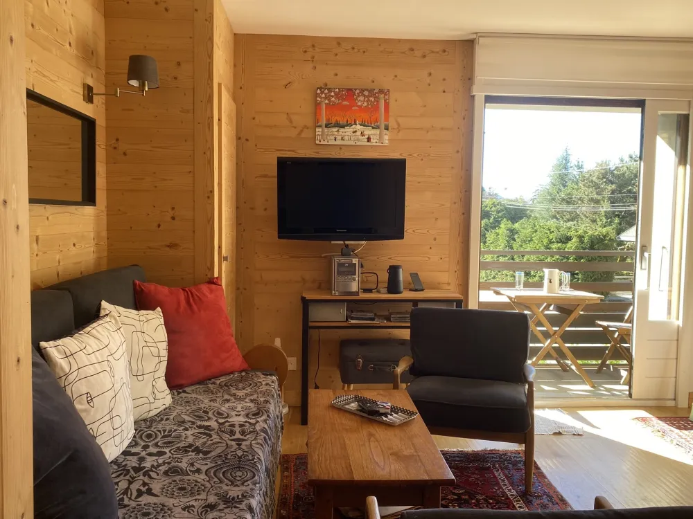 Equipements séjour qui donne sur le balcon sud-ouest : 
Un canapé, deux fauteuils, TV, enceinte Bluetooth Bose, chargeur iPhone.
Décoration régulièrement changée pour un style actuel.
Placard avec penderie