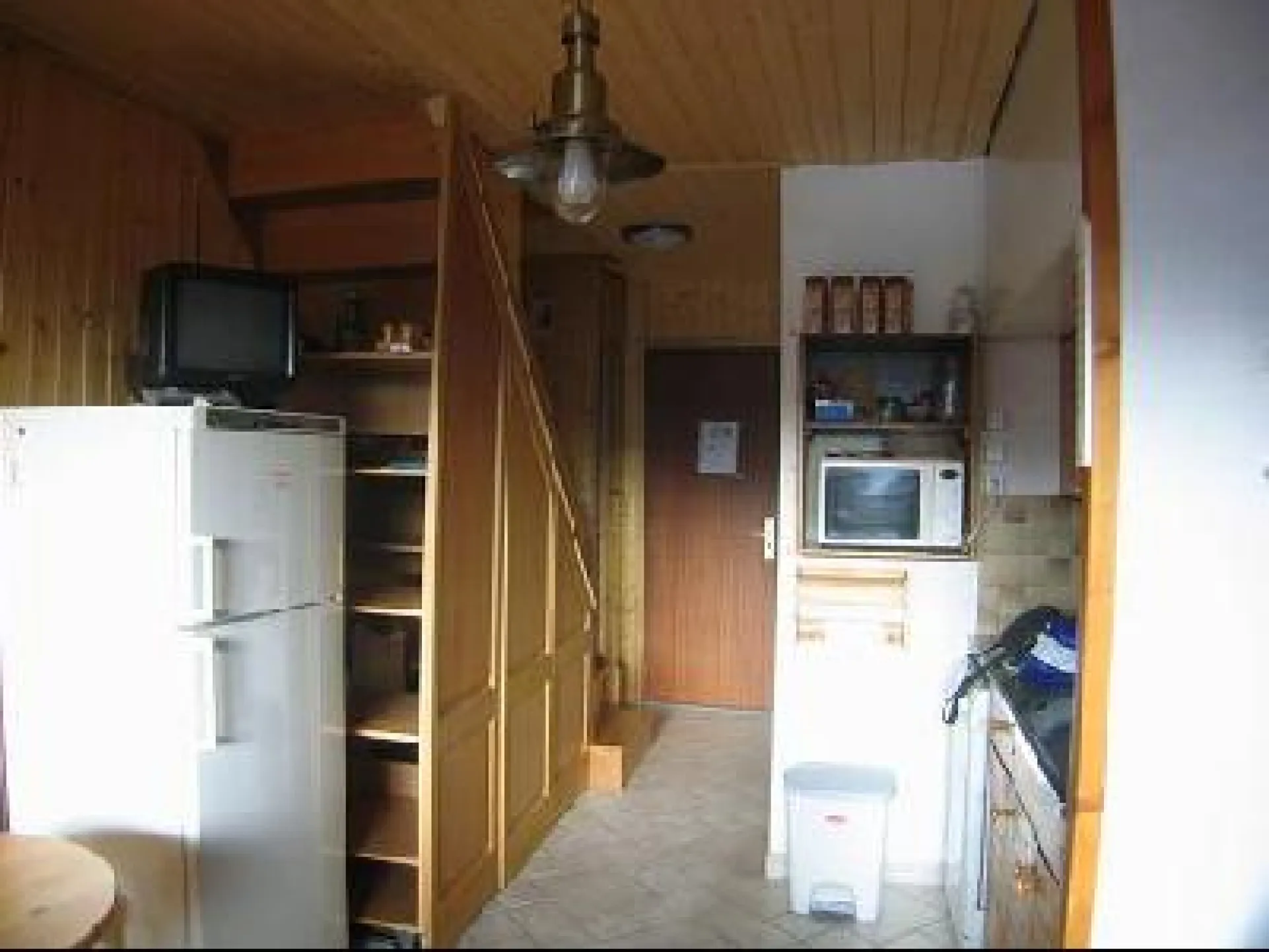 au 1er niveau d ce duplex : le séjour, avec kitchenette - rangements - clic clac - derrière le  micro-ondes : salle de bain/wc - balcon 