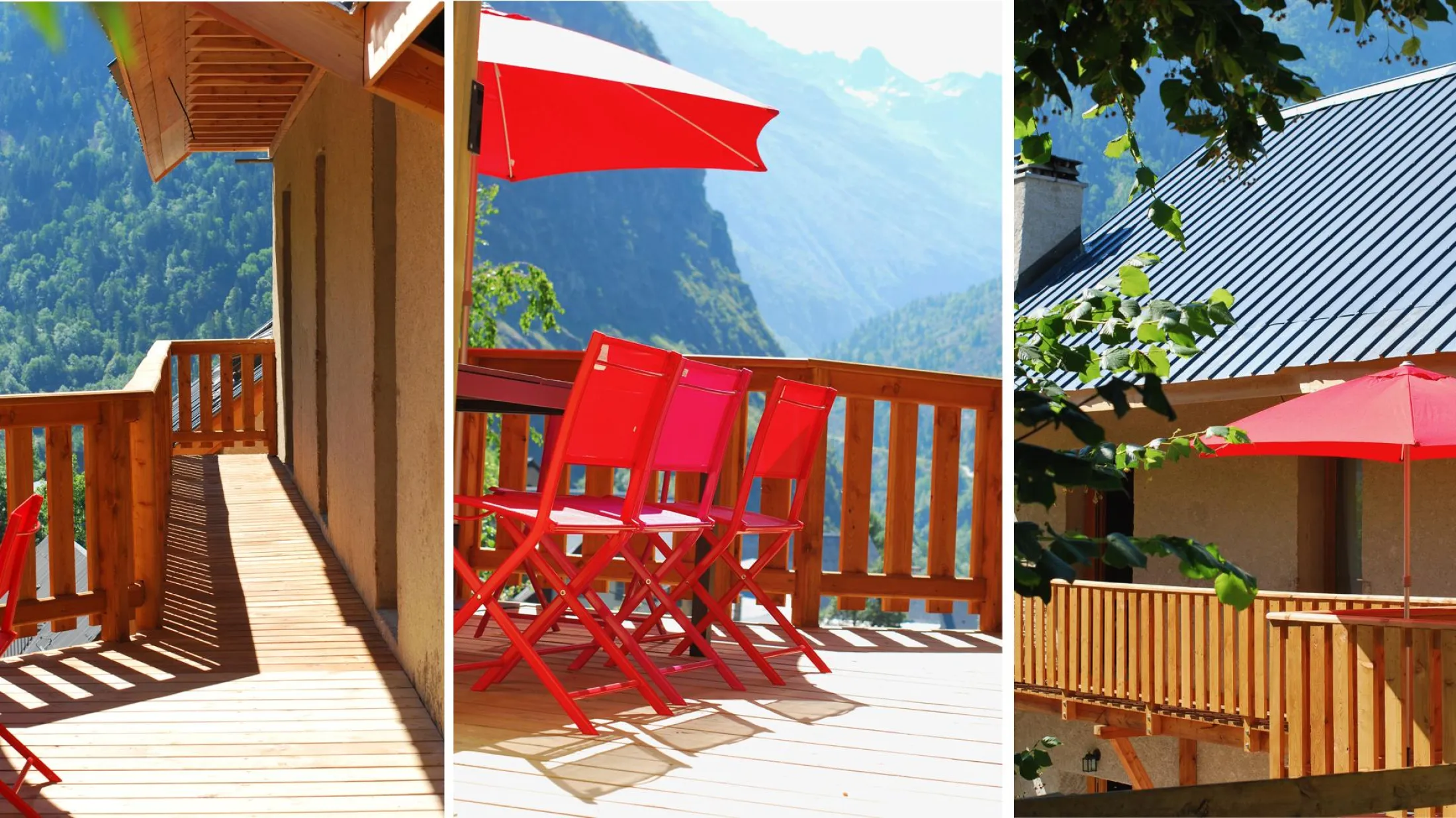 Terrasse avec barbecue électrique, table et une magnifique vue sur les montagnes. La terrasse de l'Aigle se trouve au niveau de la piscine extérieure (accessible uniquement en été).