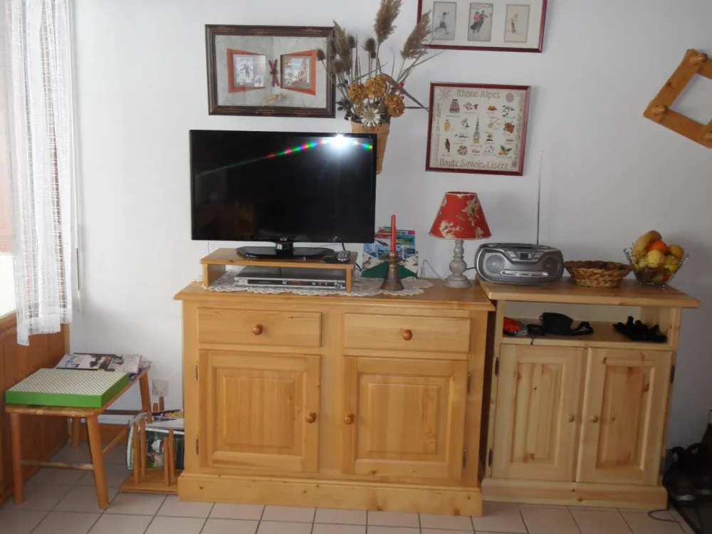 Meubles-rangements, télé grand écran, lecteur DVD et radio