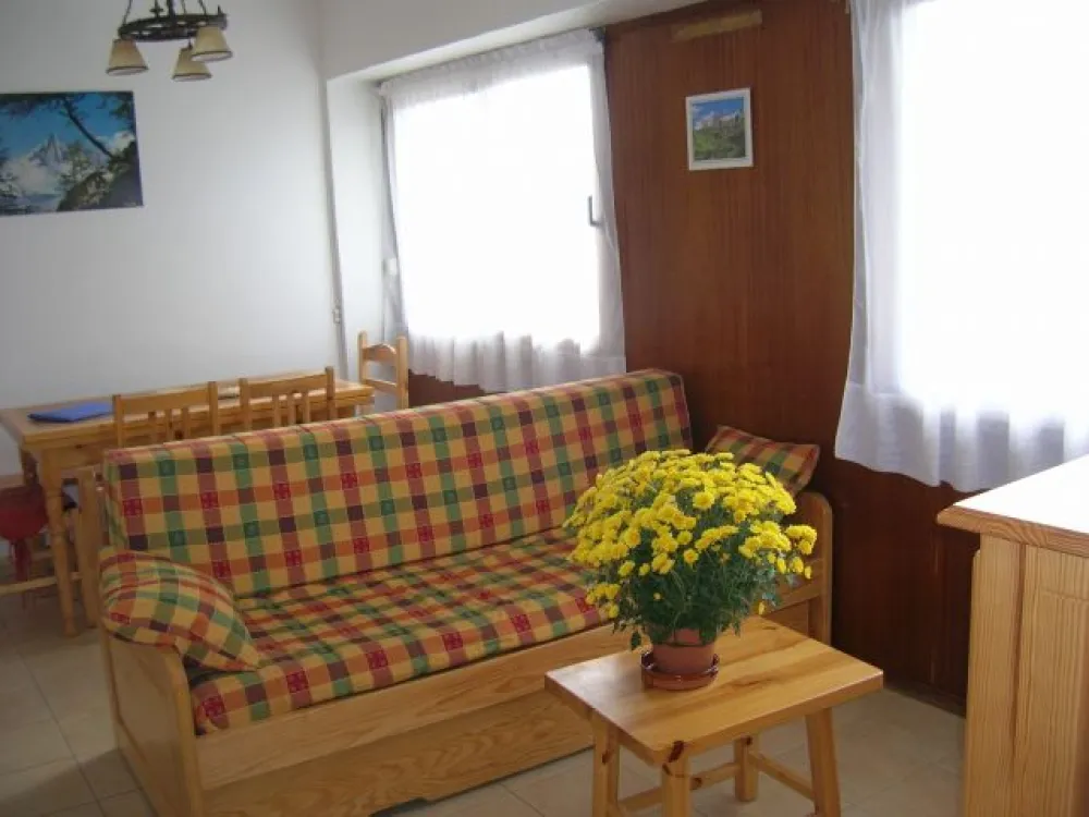Séjour plein sud donnant sur une terrasse et une pelouse. 
Banquette-lit gigogne (lit de couple ou 2 lits séparés).