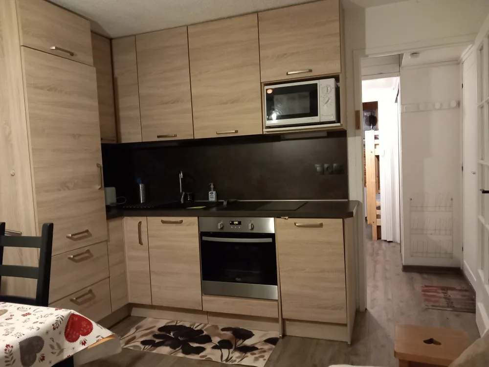 Cuisine rénovée avec grand frigidaire, four à chaleur tournante, plaque à induction, lave vaisselle, four à micro ondes, cafetière.