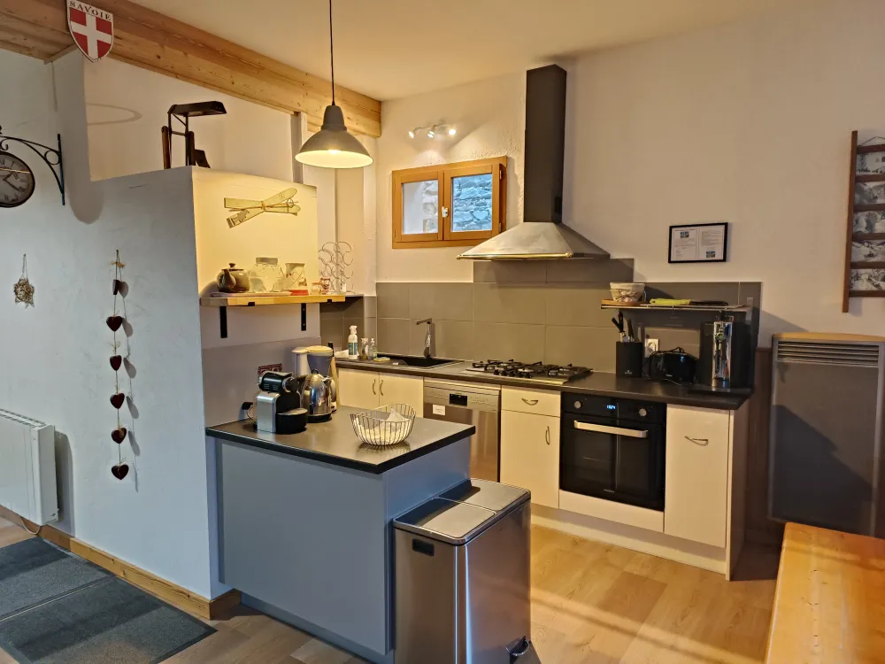 Cuisine USA RDC équipée avec four,micro onde, grande plaque gaz et grand frigo avec un tiroir congélateur .