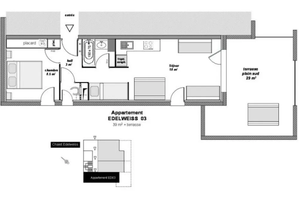 Plan de l'appartement et situation dans chalet