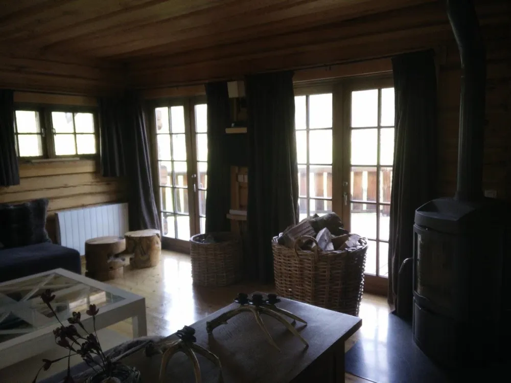 espace salon avec poele à bois.