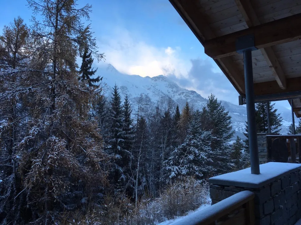 En hiver, vue sur la forêt et les montagnes enneigées (Dent Parrachée) depuis la terrasse