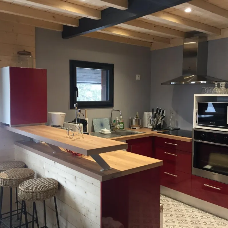 Cuisine équipée : four, four micro-ondes, lave vaisselle, plaque électrique, cafetière, bouilloire, appareil raclette.