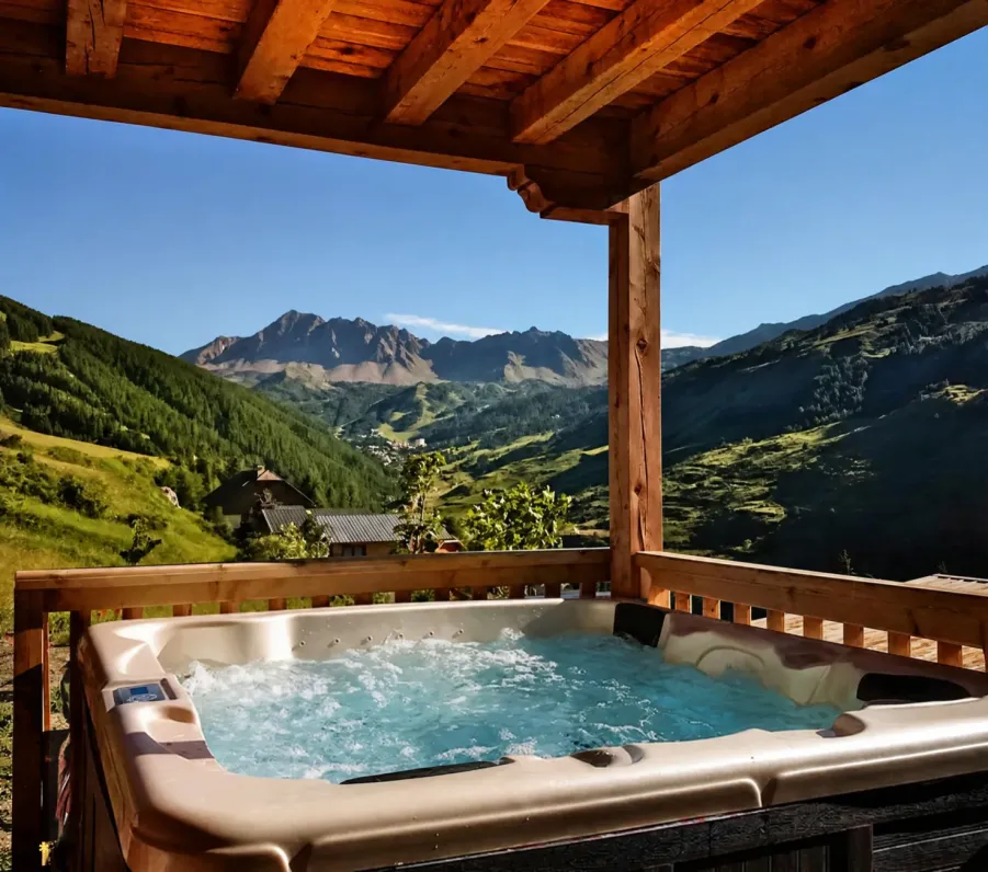 Jacuzzi extérieur 5 places chauffé toute l'année à 37°, idéal pour se prélasser au soleil face à la montagne après une belle journée de randonnées.